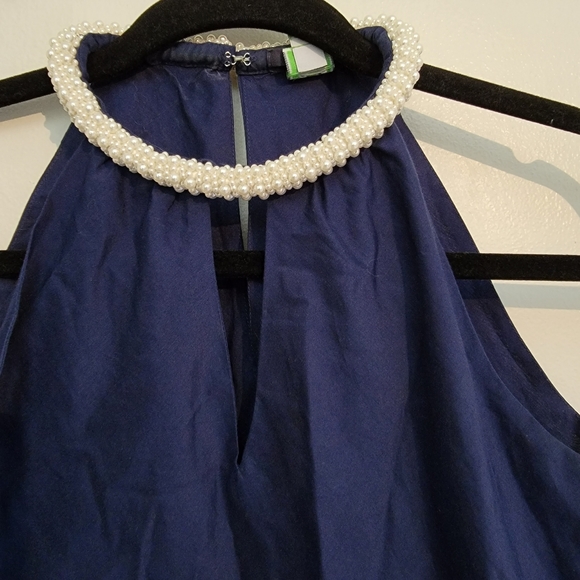 C Wonder Silk Cotton Navy Blue Sleeveless Blouse With Beaded Pearl Neckline - Picture 2 of 5